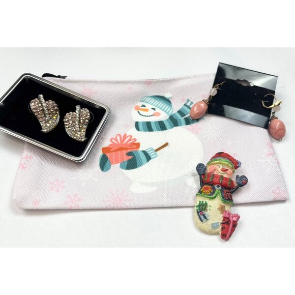 Aldo Rhinestone Heart Earrings Snowman Brooch Pink Bead Drop Earrings & Snowman - Picture 1 of 5